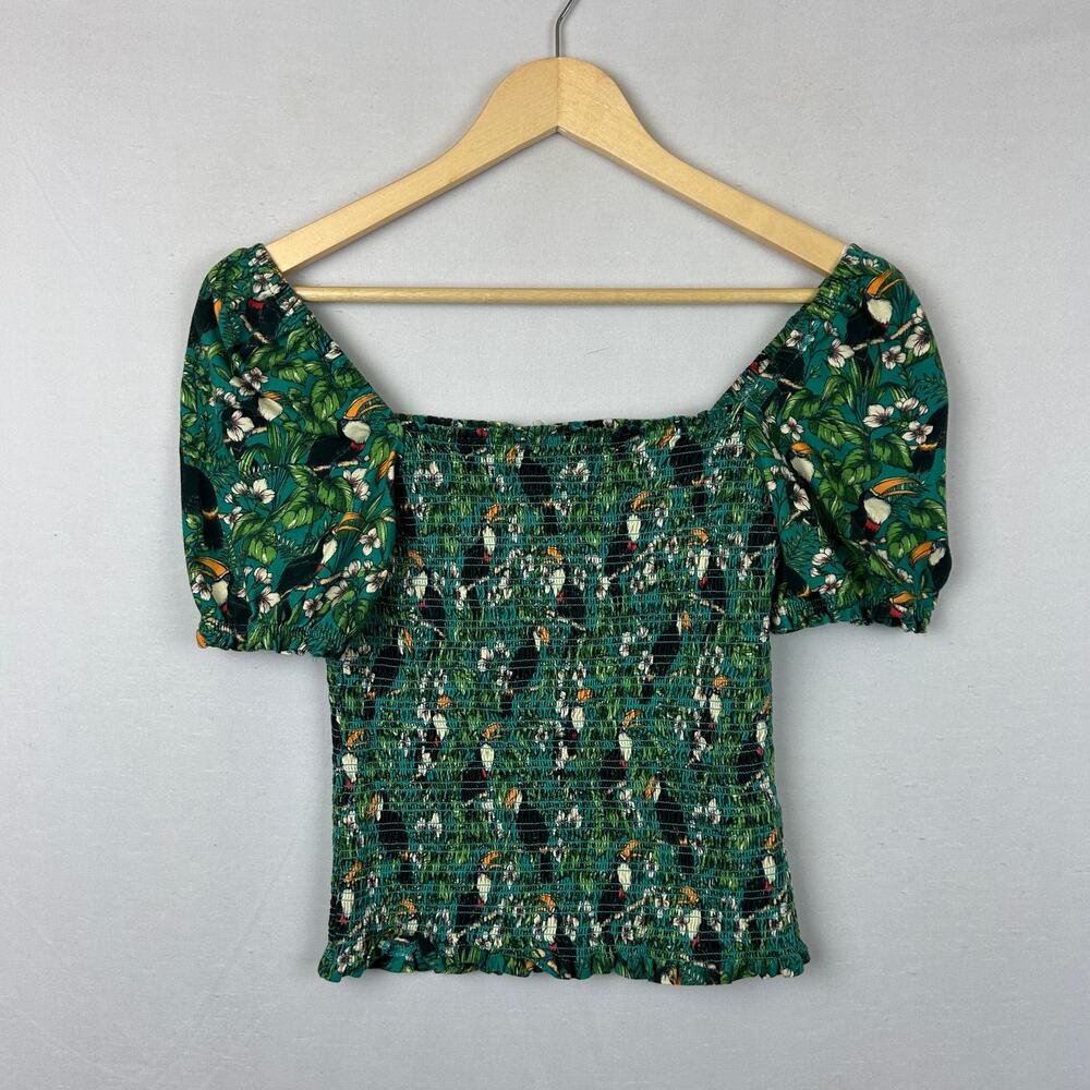 Dolan Left Coast Smocked Tropical Toucan Puff Sleeve Top Blouse Women's Size XS